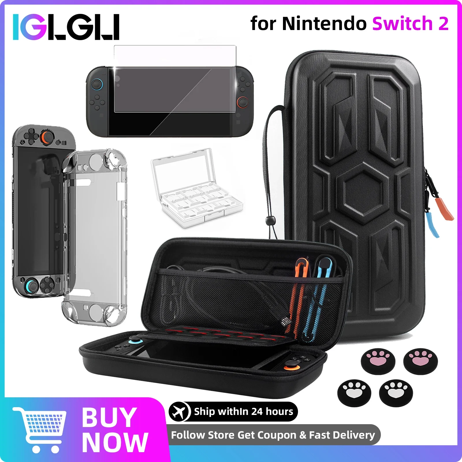 

5in1 Accessories Kit for Nintendo Switch 2 All in one Case for Switch2 Screen Protector,Storage Bag,PC Case,Silicone Button