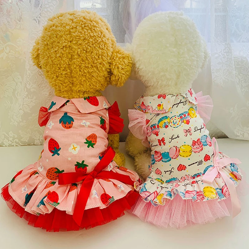 Strawberry Print Dress Pet Cupcake Dress Dog Skirt Princess Dress Bow Tie Lace Edge Doll Collar Girls Cat Clothes Pet Supplies