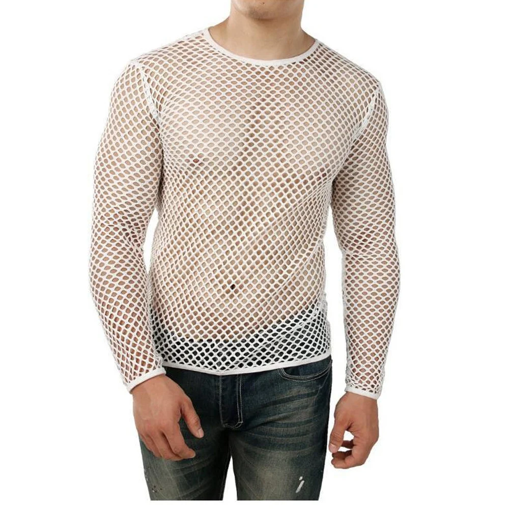 

Men’s Fishnet Mesh Shirt See Through Long Sleeve Clubwear Stretch Transparent Top 2026 New