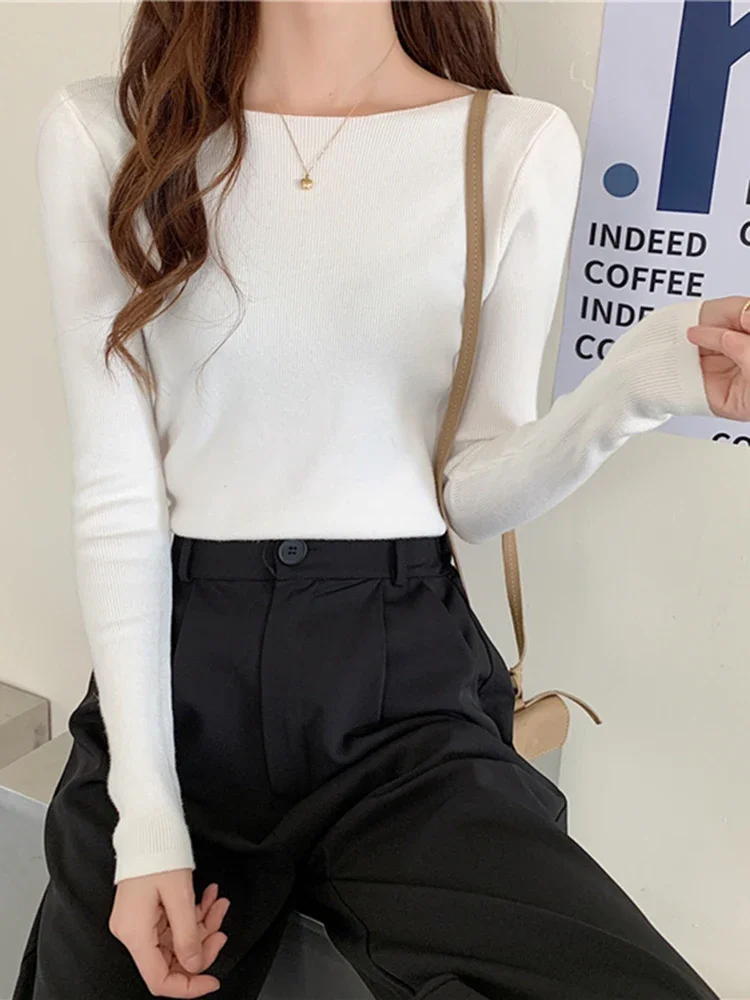 

Women Sweaters Slash Neck Slim Knitted Pullovers chic Basic Solid Jumper Female Sweater Casual Jersey Tops