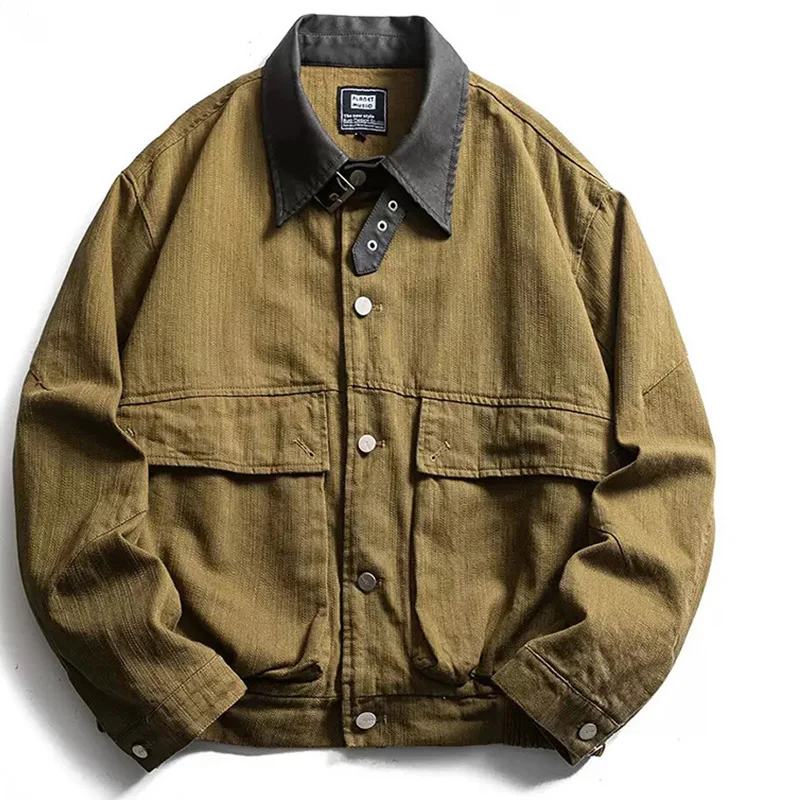 

Мужская уличная одежда Amekaji в американском стиле ретро с кожаным воротником, свободная повседневная верхняя одежда-карго, куртка-бомбер, весенне-осеннее пальто