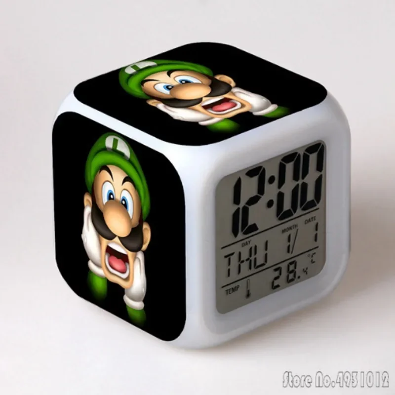 Anime Super Mario Cute Cartoon Alarm Clock Creative Student 8x8x8cm LED Cube with Colorful Light Display Time Week Month