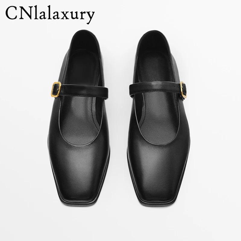 CNlalaxury Spring Autumn 2023 Woman Black Casual Fashion Square Head Sheepskin Flat Shoes Buckle Ballet Shoes Mary Nude Shoes