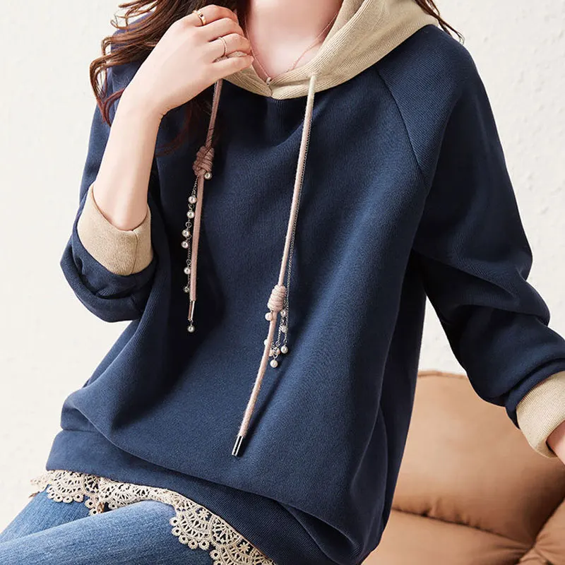 Female Clothing Solid Color Lace Spliced Hooded Sweatshirts Casual Autumn Winter Fleece Warm Drawstring Pearl Korean Pullovers