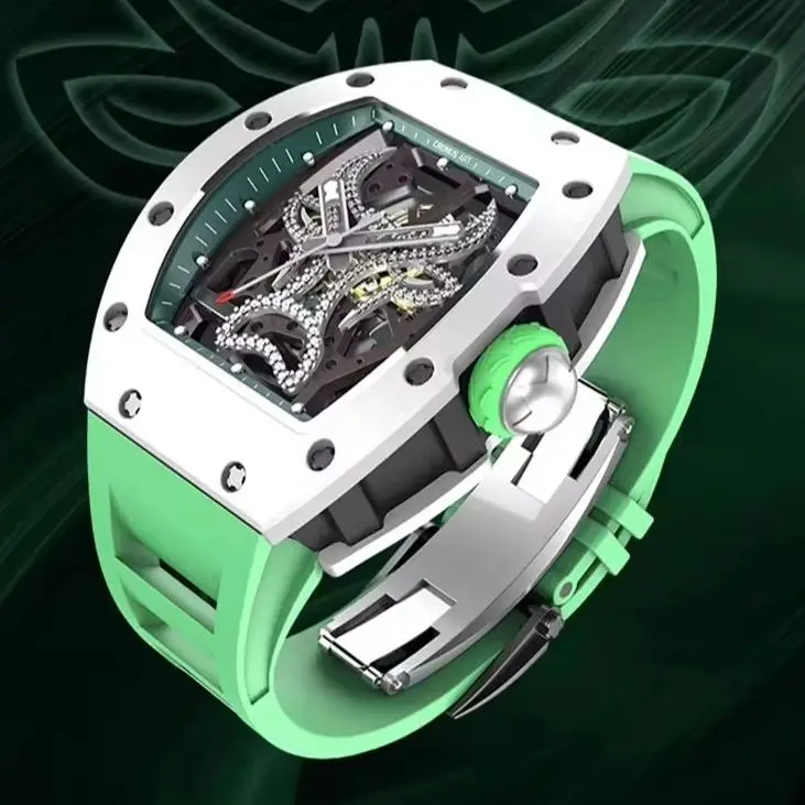 CRONUSART Men Automatic Watch 50mm Tonneau Mechanical Wristwatch Carbon Fiber Case Sapphire Mirror Luminous Skeleton FKM Strap