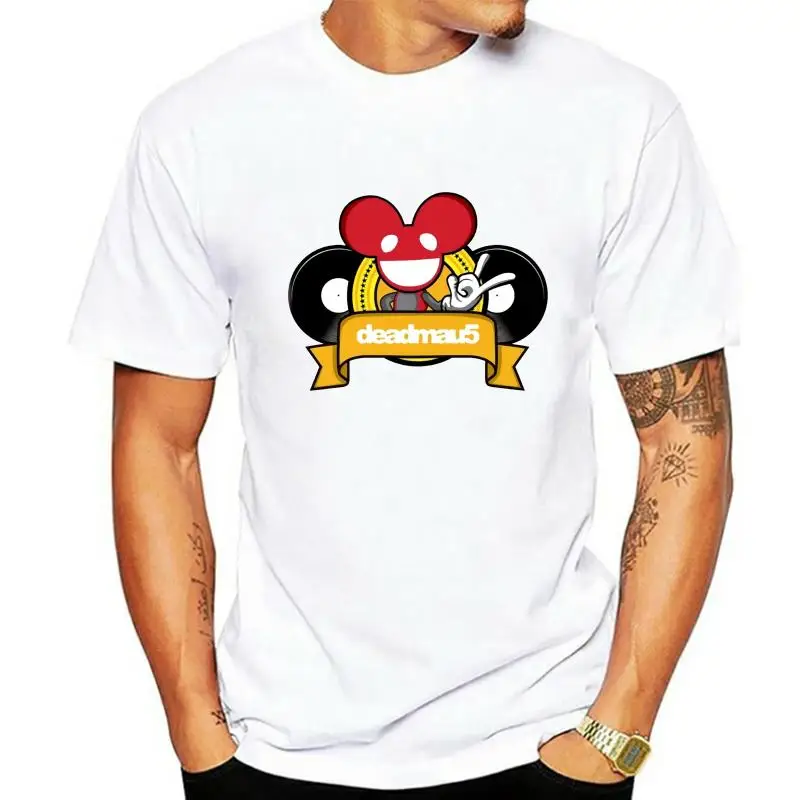 Deadmau5 Cartoon Logo Slim Fit White T-Shirt Round Neck Tops Tee Shirt