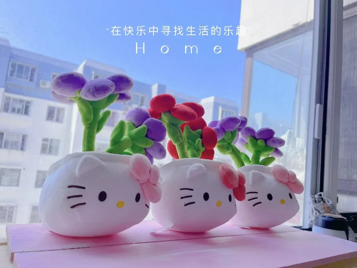 SANRIO HelloKitty plushie ใหม่กระถางต้นไม้ตุ๊กตาผ้ากำมะหยี่สีส้ม KT ห้องดอกไม้สีม่วงของขวัญคริสต์มาสสำหรับเด็ก