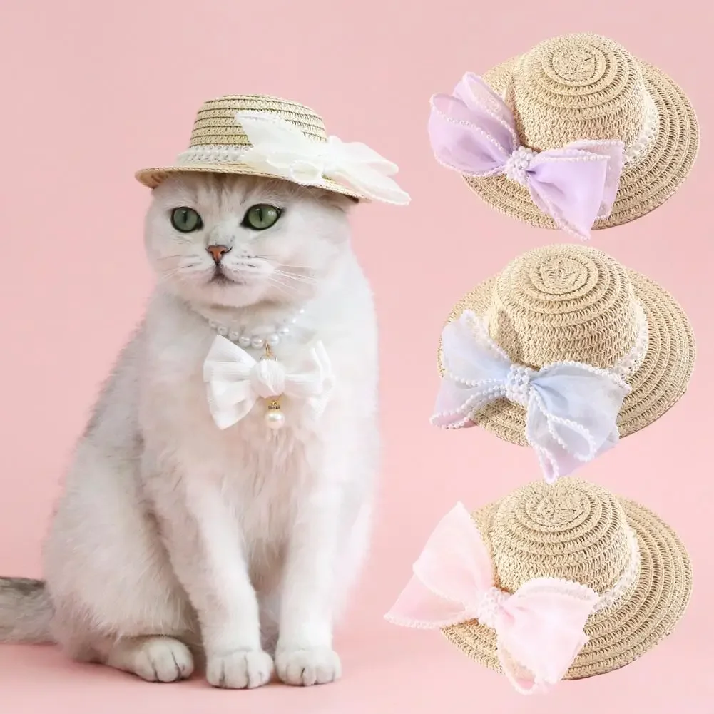 New Straw Pet Hat Cat Dog Summer Sun Shade Straw Hat Pet Puppy Accessories Small Dog Hat Sweet Bow Hats for Cats Pet Hats