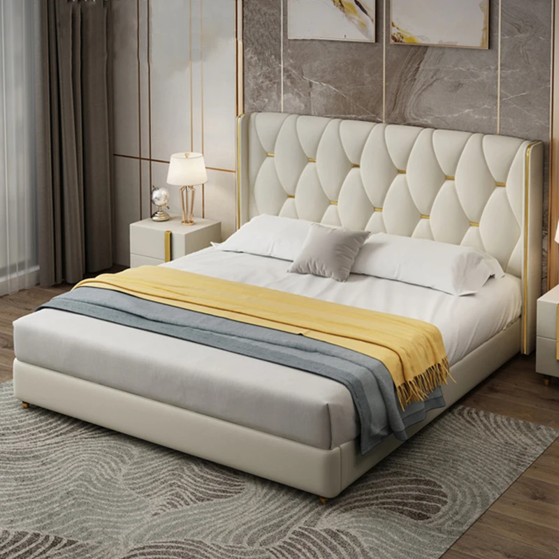 #Postmodernes leichtes Luxus bett im Hongkong-Stil Weiches Bett aus Edelstahl leder