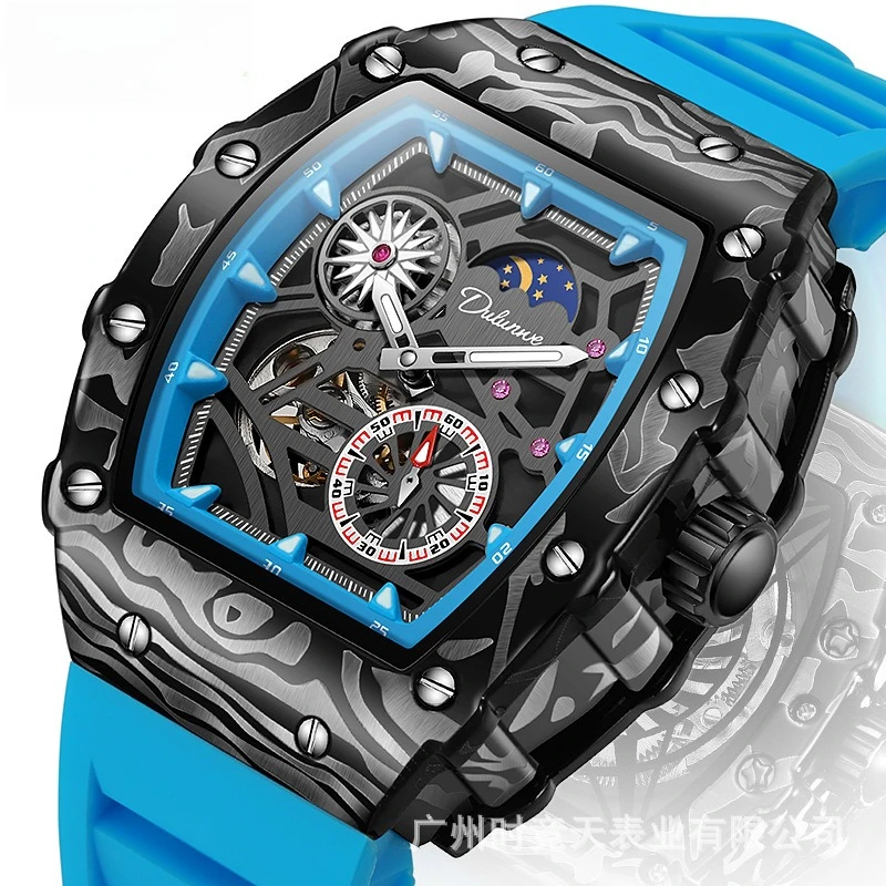 Stainless Steel Richard Tonneaus Series Fortune Wheel Skeleton Flywheel Luminous Waterproof Self-Wind Automatic Watch for Men