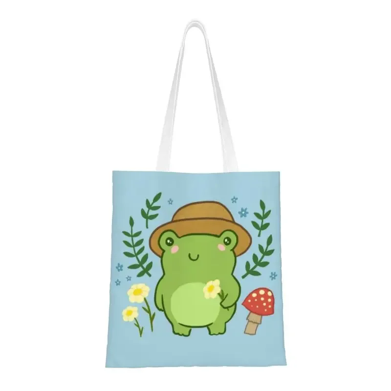 

Cute Frog With Hat Mushroom Kawaii Aesthetic Cottagecore Grocery Shopping Bag Printed Canvas Shopper Shoulder Tote Bag Handbag