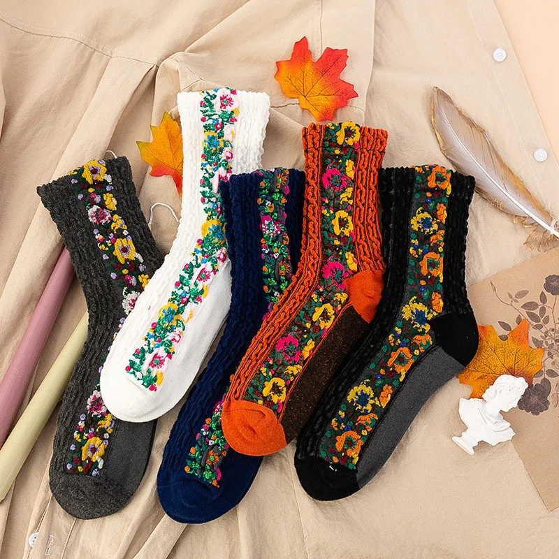 5 Pairs Women Socks Set New Retro Country Style Green Autumn Floret Soft Skin-friendly Breathable Korean Fashion Socks