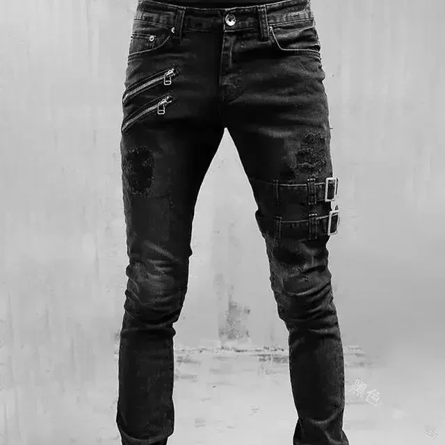 

European and American New Style Motorcycle Personality Popular Jeans 2024 Fashion Men's Elastic Solid Color Slim-fit Pants