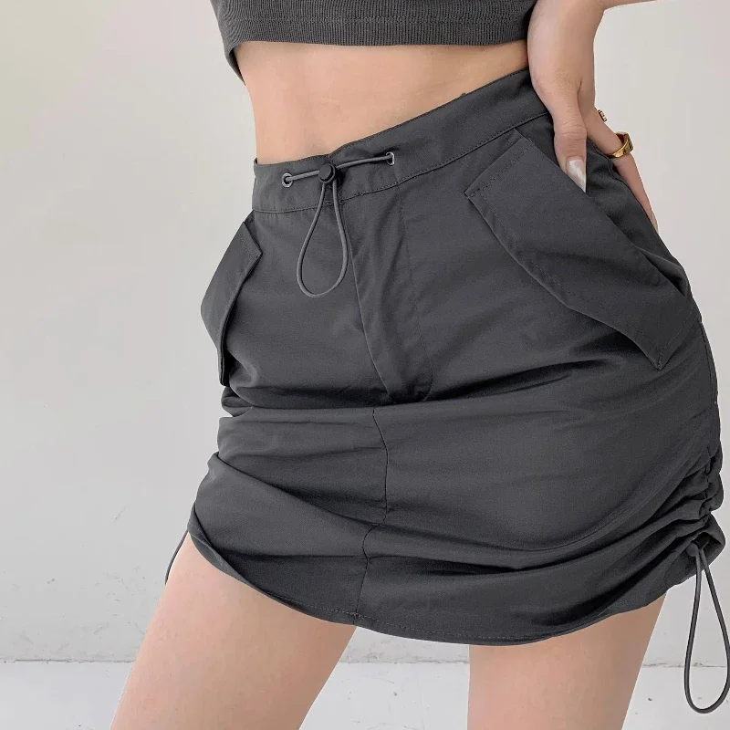 Gonne Donna Vintage Autunno Nuovo A pieghe A-line Vita alta Tasche con coulisse solide Slim-fit All-match Streetwear Semplice Casual