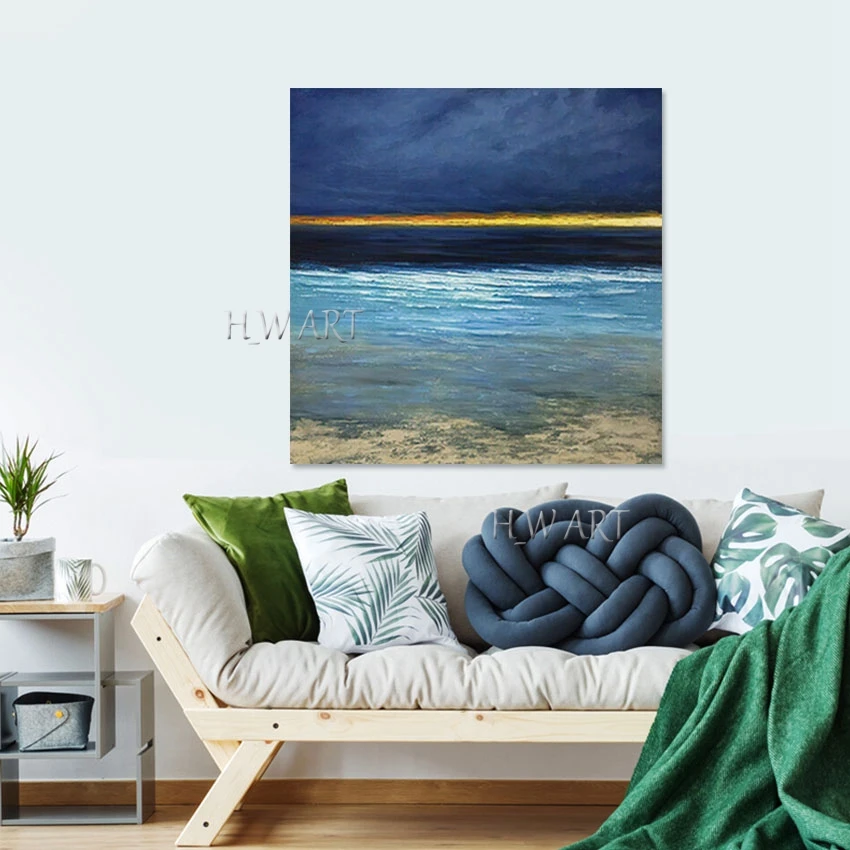 Abstract Style Wall Frameless Canvas Poster Sea Scenery Oil Paintings Gold Foil Textured Art Hand Drawing Picture Office Artwork