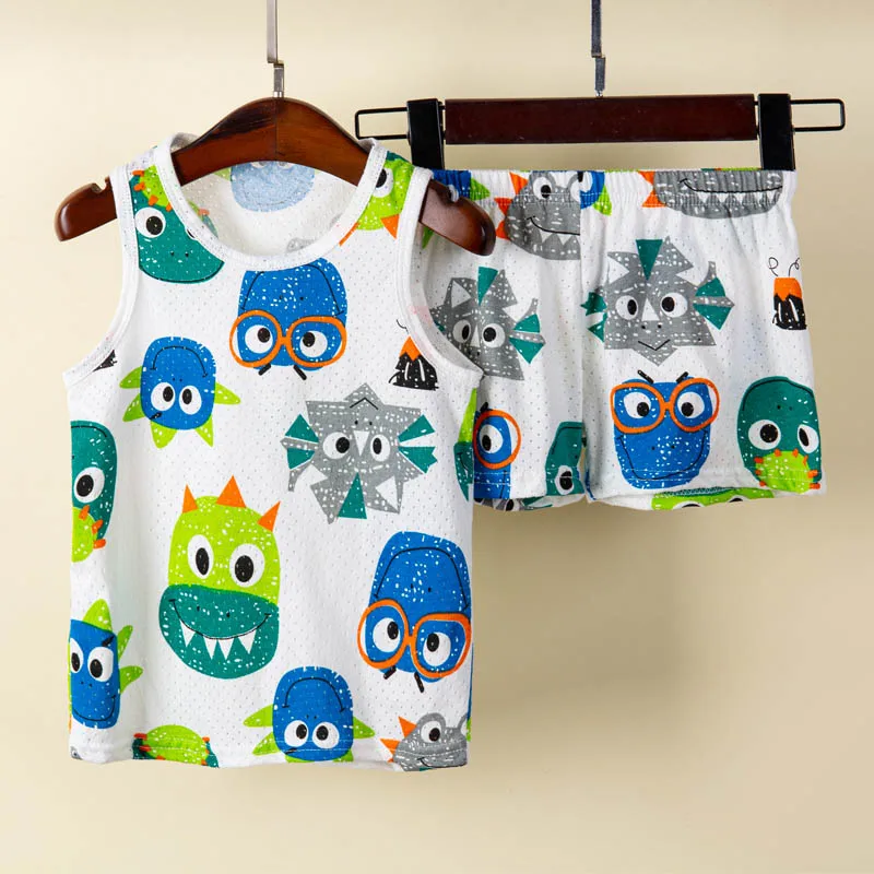 1 to 9 Years Summer Boys Pajamas Sleeveless Girls Pyjama Set Vest+Shorts Baby Clothing Toddler Infant Breathable Soft Clothes