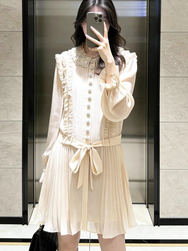 

Spring 2026 New Design Beaded and Glittered Doll-style Blouse with Long Sleeves, A-Line, Fitted Waist and Short Skirt for Women