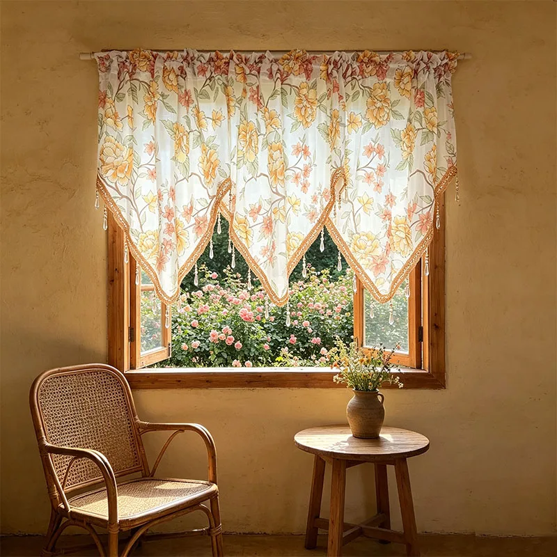 1pc Romantic Blooming Camellia Semi Sheer Short Curtain, Terilon Fabric Floral Print Window Drape with Triangle Tassel Lace