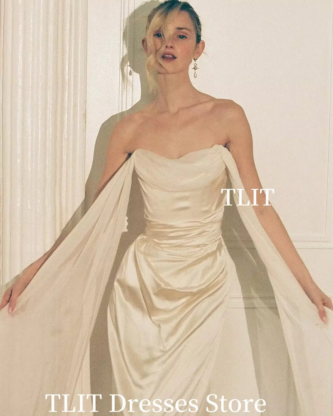 TLIT Sexy Gold Satin Strapless with Ribbon Evening Dress Floor-Length for Women Wedding Formal Gowns Sleeveless Customized