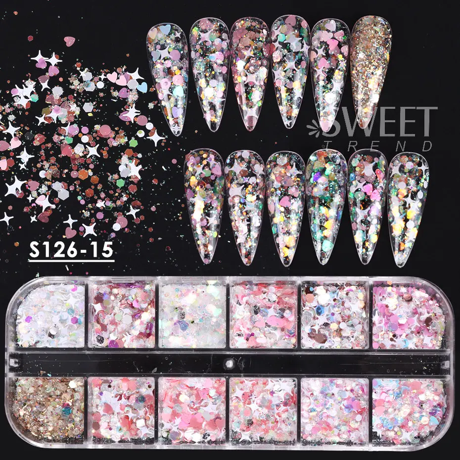 1 صندوق حورية البحر قزحي الألوان مسمار الفن بريق الترتر المجسم مسدس تقشر مسحوق Paillette هلام البولندية زينة للأظافر M3DJ