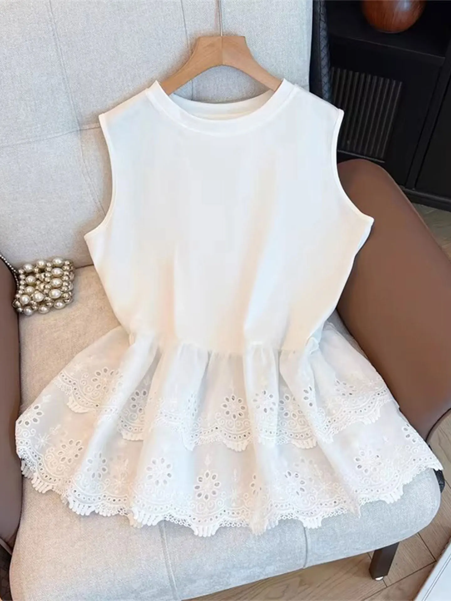 

Lace Hollow out Hem White Strap Vest Women's plus Size Summer Casual Sle Base irt Top Matching Versatile Underwear