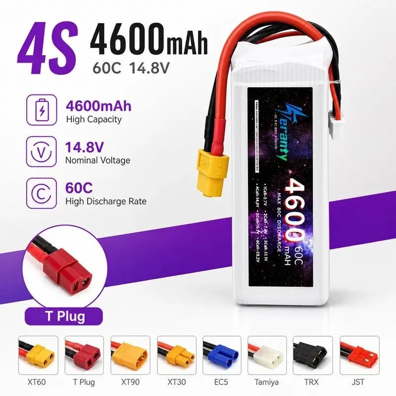 14.8V 4S 4600mAh 60C LiPo Battery for RC Car Truck Boat Drone Model High Discharge Polymer Lithium Battery Pack