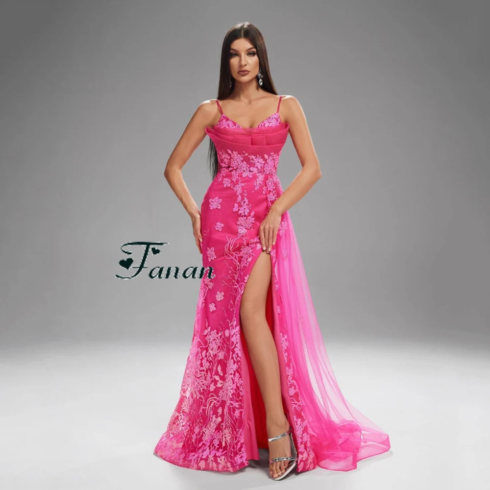 Customized Pink Tulle Lace Flower Appliques Evening Dresses Spaghetti Sleeveless Split Floor Length Pageant Prom Gown