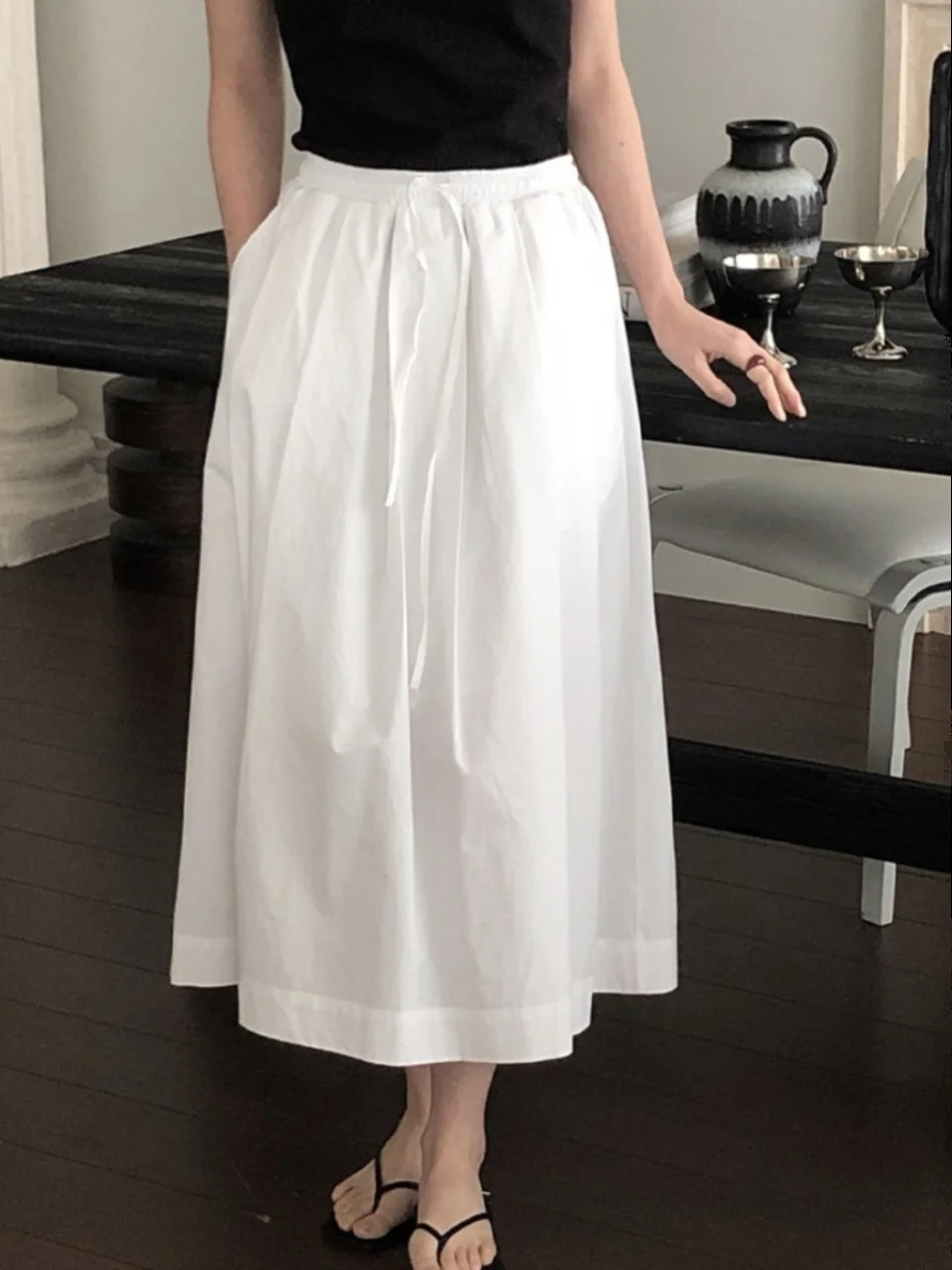 

Chic Dstring Elastic Waist ket Midi Skirt for Women Simple Sli A-Line Skirt Trendy Commute Pure Color Polyester