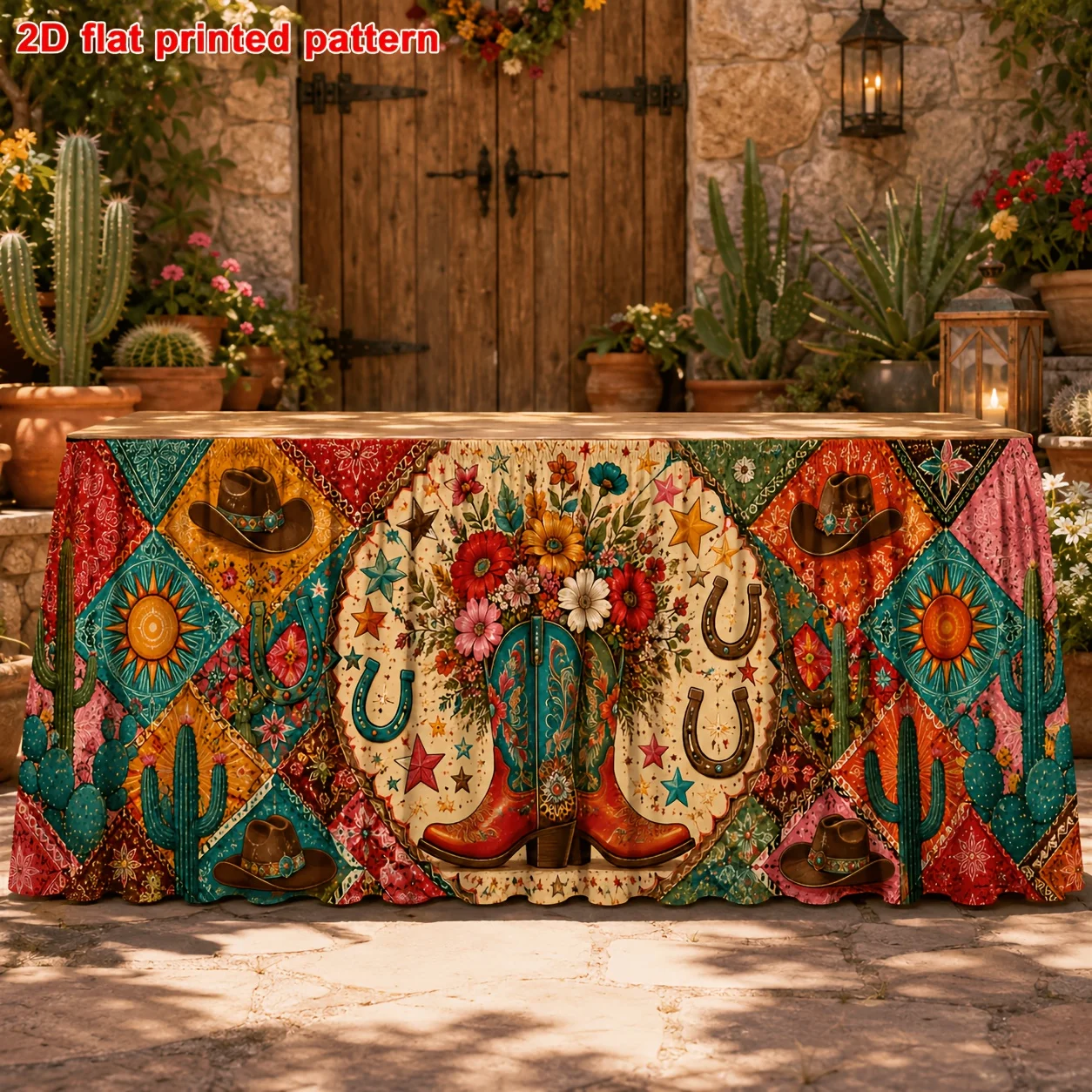 One table skirt. Western cowboy patchwork print table skirt. Includes cowboy boots, hat, cactus, horseshoe.xzj