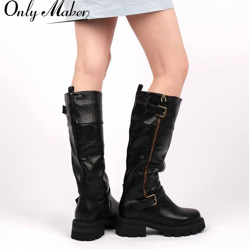 Onlymaker Buckle Gothic Schwarze Kniestiefel mit Absatz, Metall-Seitenreißverschluss, Modische Matte Moderne Winterstiefel