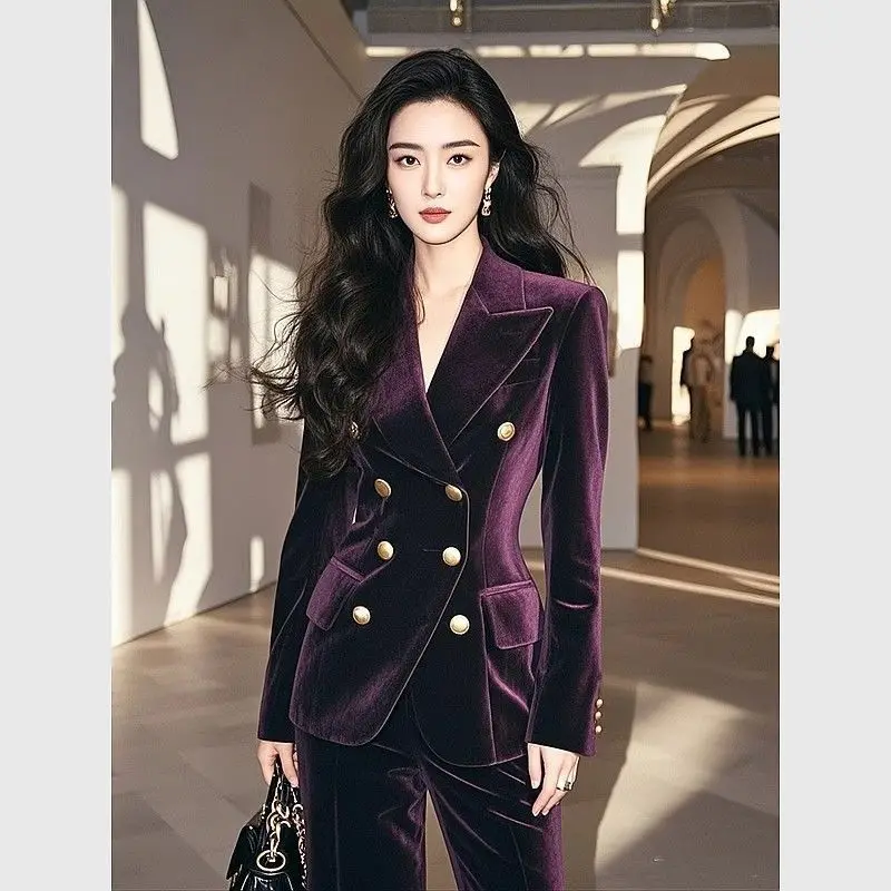 

Elegant Office Ladies Autumn Winter Velvet Suit Jacket Lapel Double Breasted Warm Padded Liner Slim Fit Women Vintage Blazers