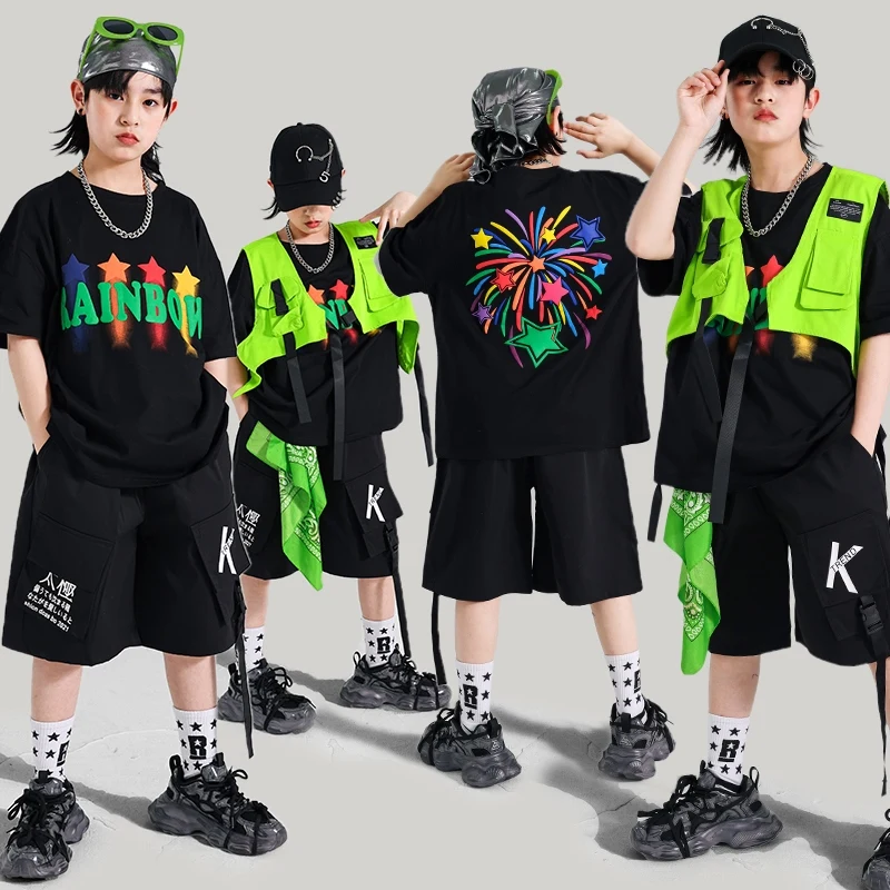 Cool Jazzdansoutfit Jongen Zwart Oversize T-shirt Zwarte Shorts Hiphop Straatdanser Prestatiekleding Mode Streetwear 1898