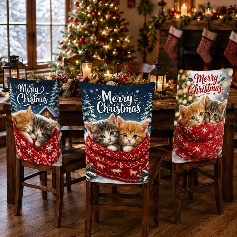 VIKAMA Christmas Chair Back Cover Cute Kitten Cat Snowflake Print Washable For Dining Room Kitchen Christmas Party Decor