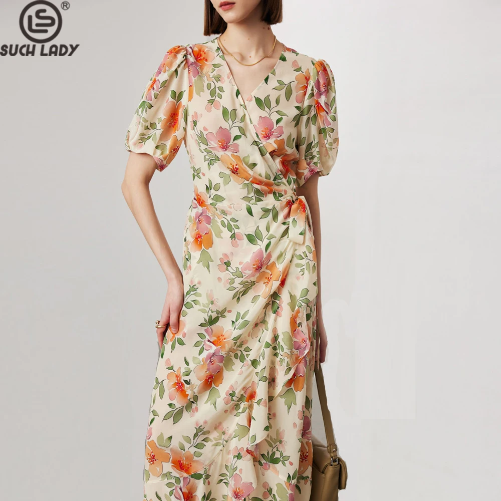 

100% Natural Silk Women's Dresses V Neck Short Sleeves Floral Printed Ruffles Elegant Mid Vestidos