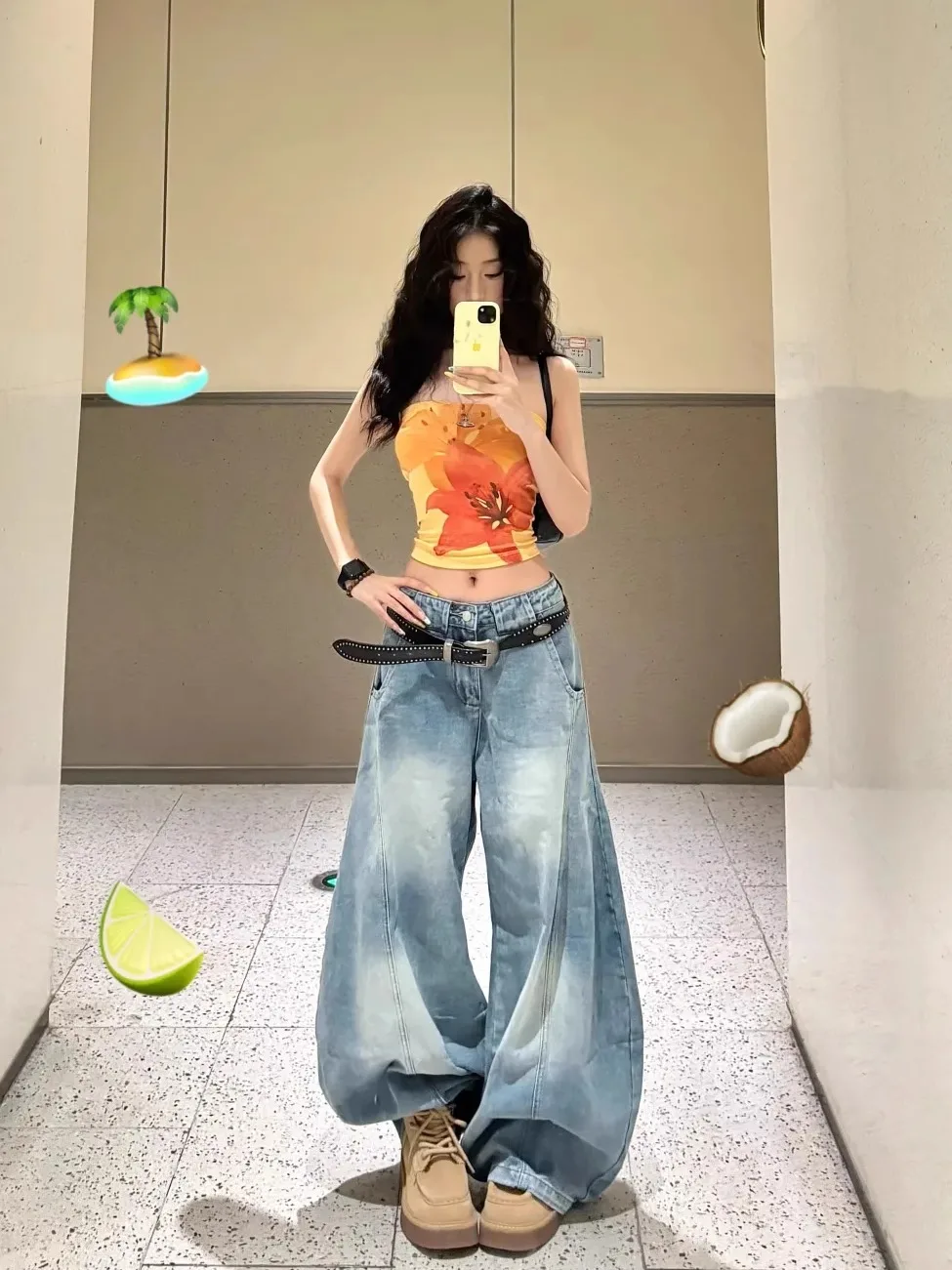กางเกงยีนส์ทรงวินเทจเอวสูงแบบเว้าข้าง ทรงขากว้างลากพื้น สไตล์อเมริกัน สำหรับผู้หญิง ใส่สบาย ทรงหลวม ใส่ได้ในฤดูร้อน