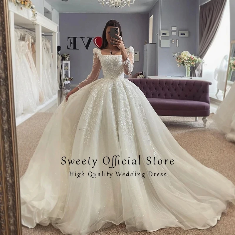 Glitter Wedding Dress Organza With Embroidery Lace Bead Ball Gown Square Collar Full Sleeve Bridal Customized Vestido De Novia image 2
