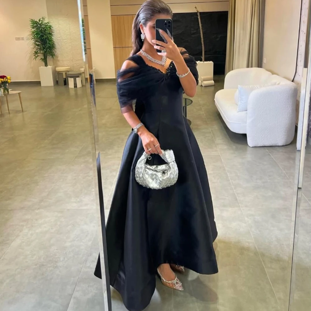 

Customized V-neck Draped Black A-line Satin Evening Dress Sequined Train Sleeveless Off Shoulder Ankle Length Party Prom Gown