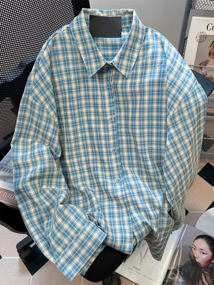 

Zoki Retro Blue Plaid Shirt Women Casual Fall Long Sleeve Harajuku Retro Blouse Japan Preppy Style Female Turn Down Collar Tops