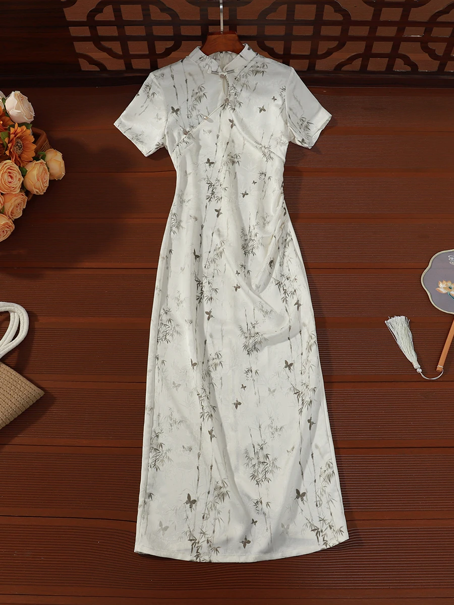

Young Style White Slim Fit Traditional Chinese Long Dress Breathable Summer Fashion Low Slit Short Sleeve Floral