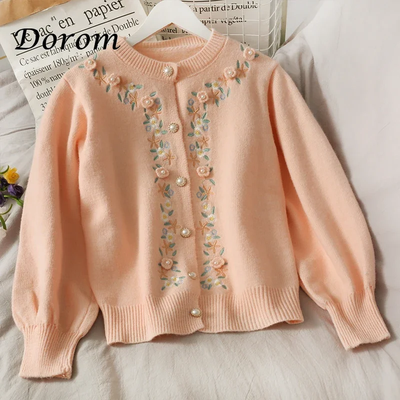 Cardigan Vintage con ricamo floreale donna coreano Casual o-collo bottone di perle maglione lavorato a maglia cappotto autunno maglioni larghi