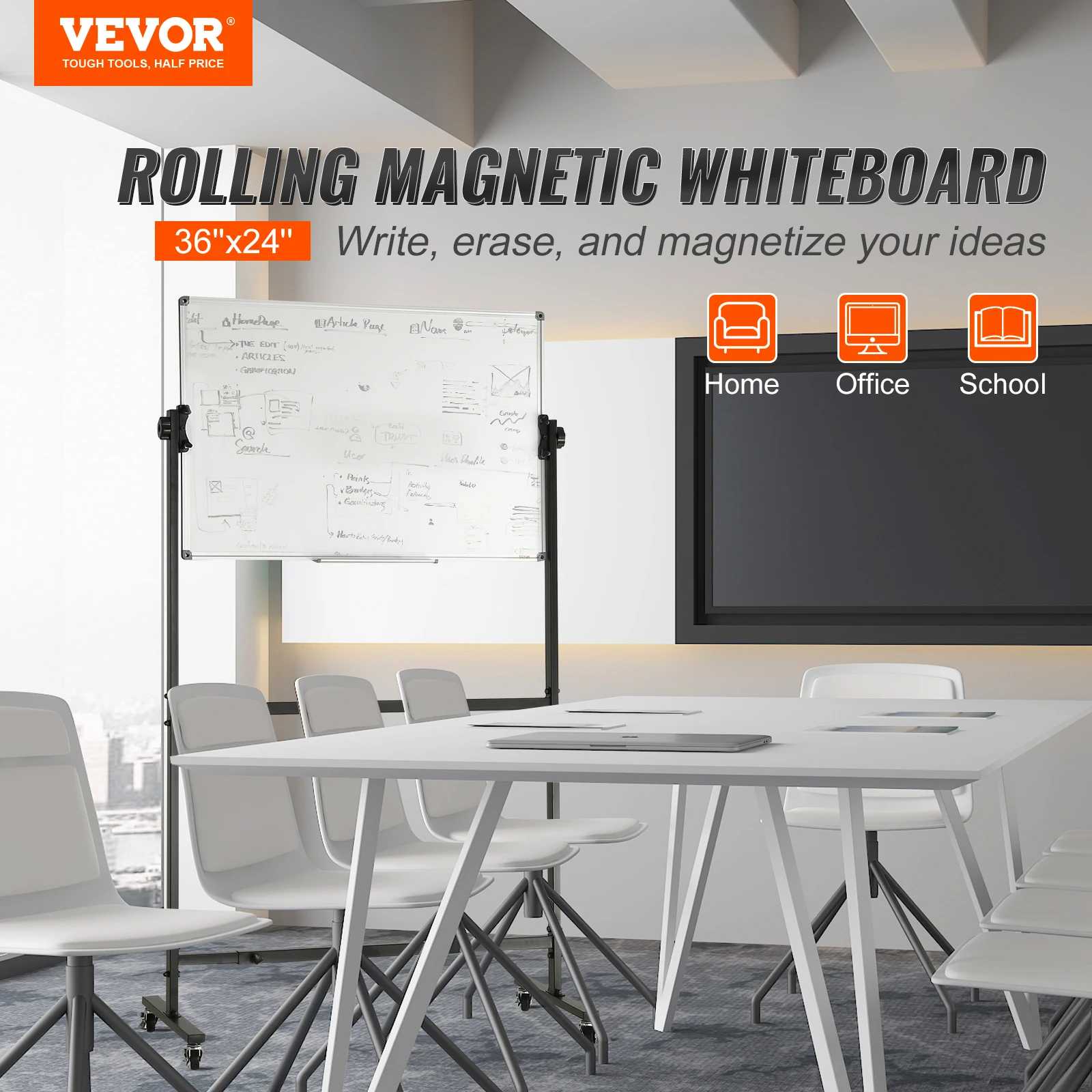 VEVOR Rolling Magnetic Whiteboard Double-Sided Mobile Whiteboard 360° Reversible Adjustable Height Dry Erase Board for School