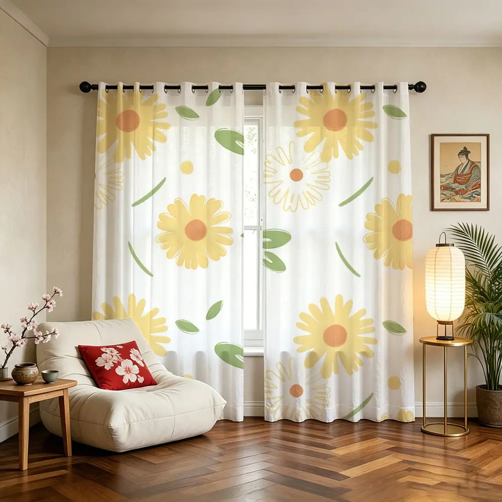 Cute Daisy Printed Curtains 2 Panels Light Blocking Rate 85% Darkening Decoration Curtains Teen Cottage Dorm Window