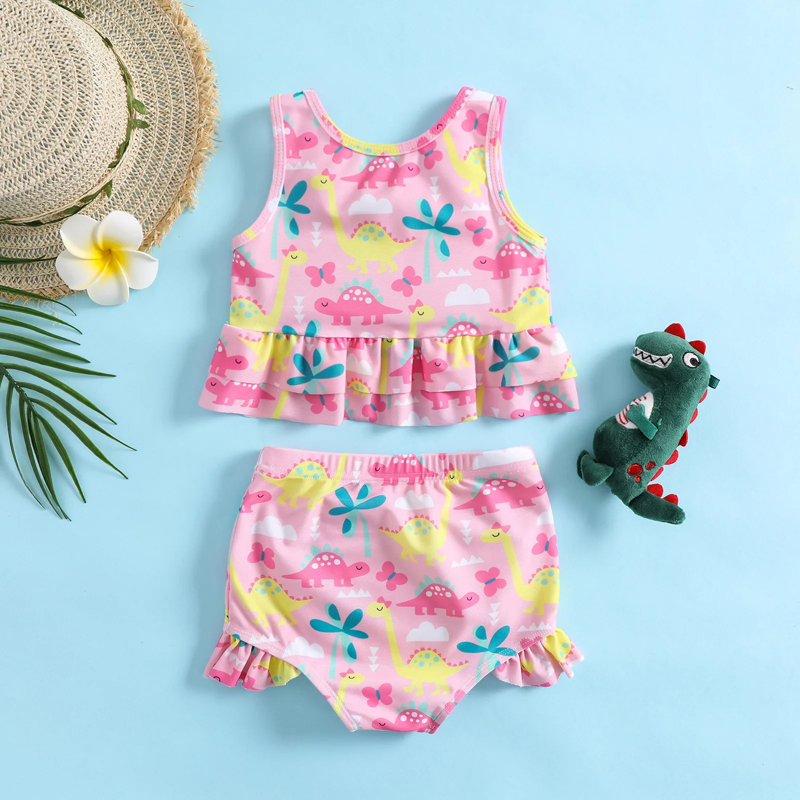 Traje de baño de dos piezas para niños y niñas, conjunto de Bikini rosa con estampado de dinosaurio de dibujos animados, ropa de playa