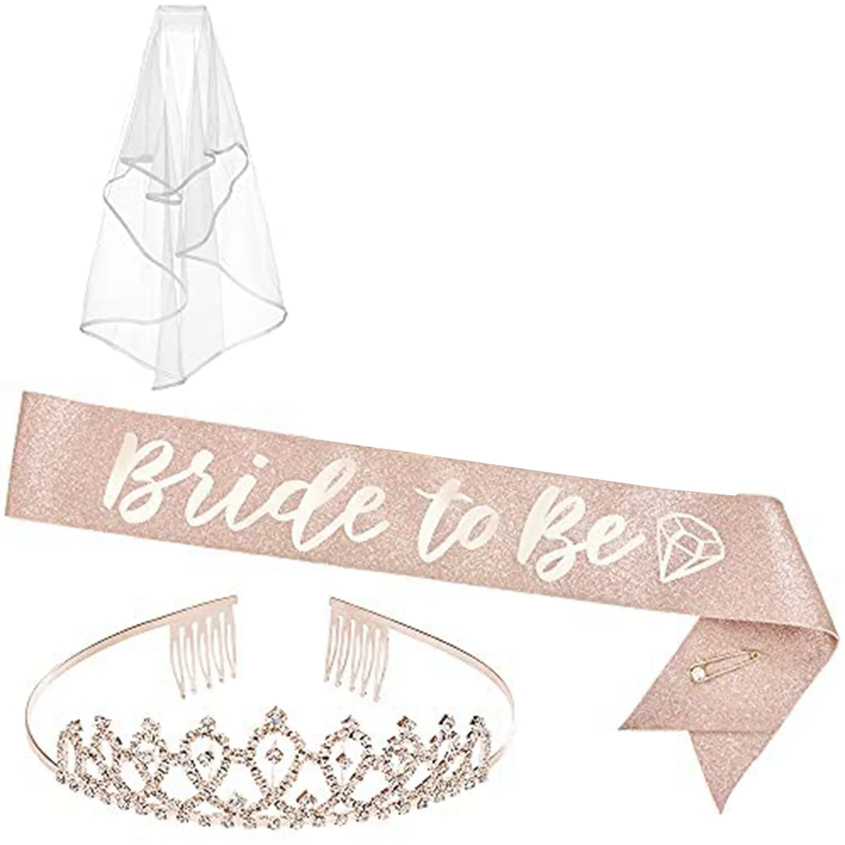 Bachelorette Party Decorations Rose Gold Glitter Kit Bridal Shower Supplies Bride to Be Sash, Tiara, Veil