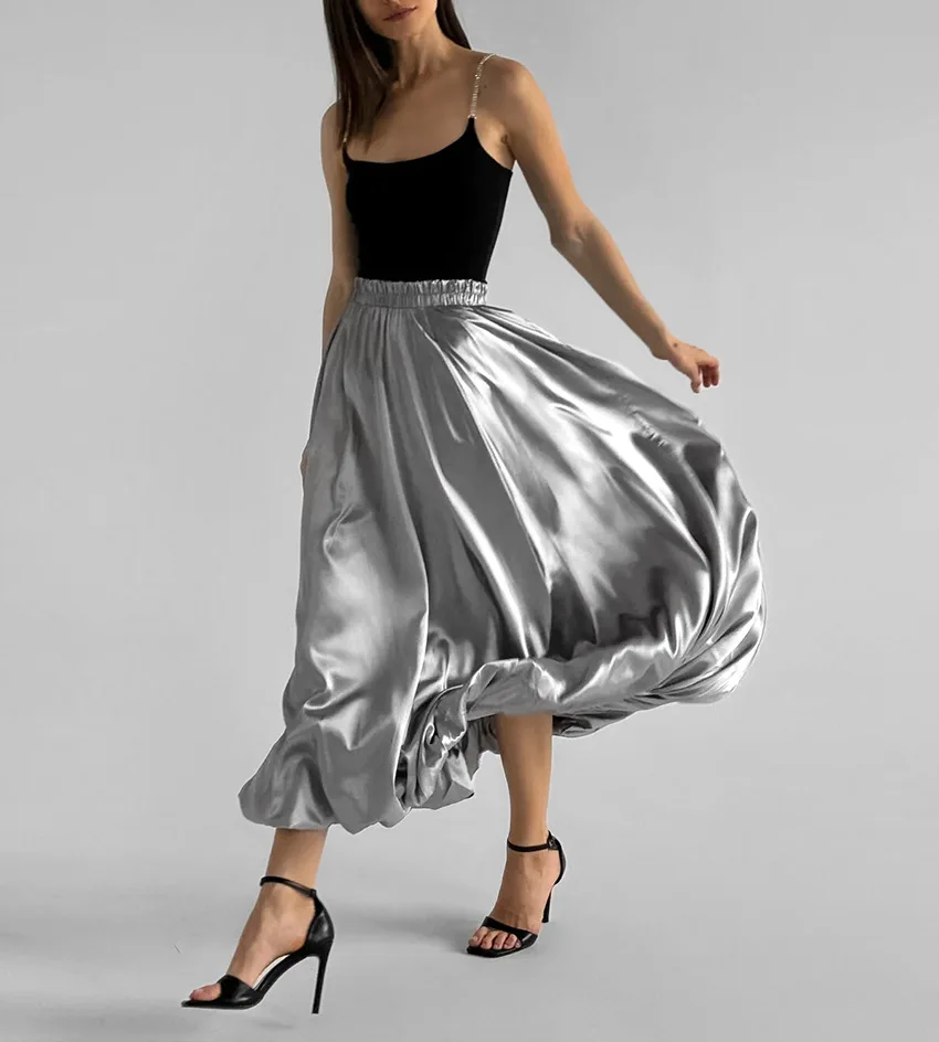 

French design sense reflective cloth high waist skirt balloon skirt 2024 autumn fashion new women's dress