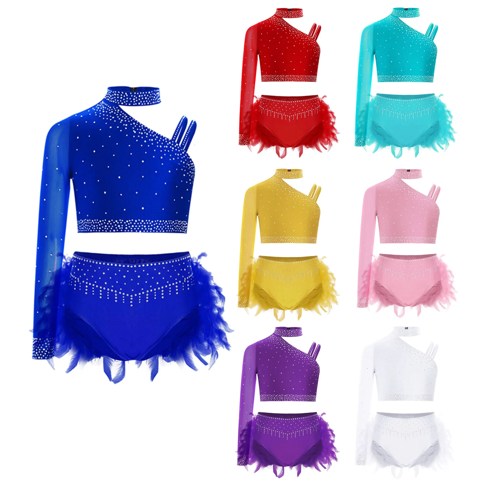 Kids Girls Ballet Dance Sets Performance Costume Rhinestones Gymnastics Tops Unique Irregular Shoulder Crop Top with Briefs Suit