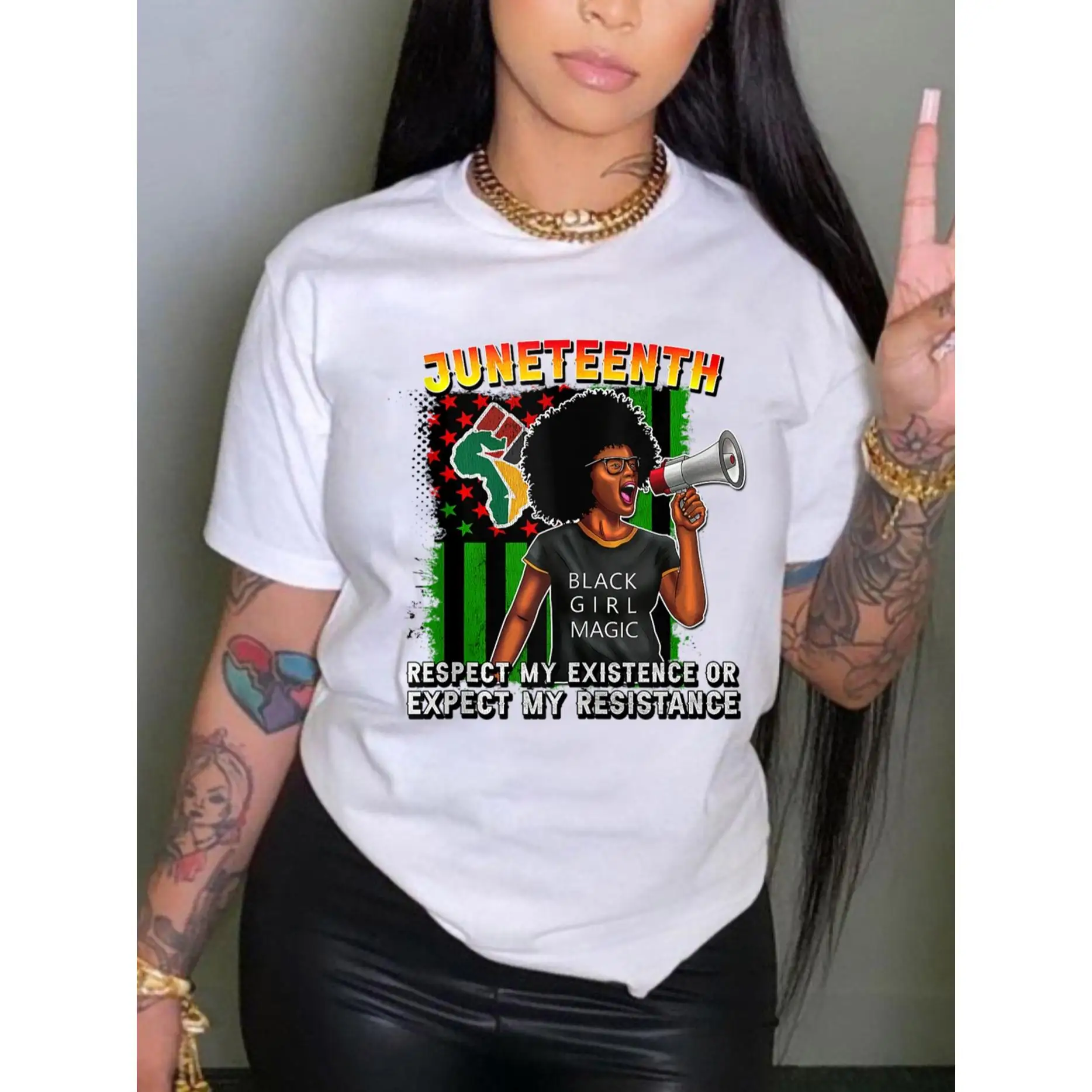 

Plus Size Juneteenth Queen Print T-Shirt, Short Sleeve Crew Neck Casual Top For Spring & Summer, Women'S Clothing