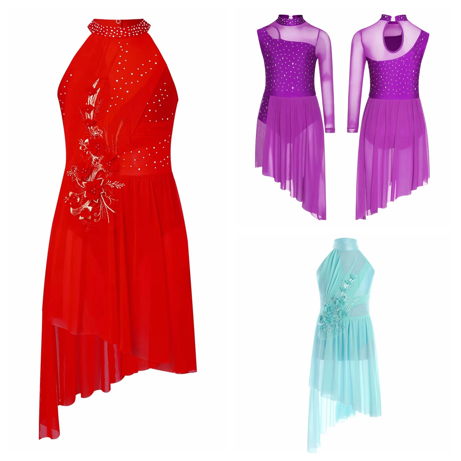 Children Modern Contemporary Lyrical Dance Costume Rhinestones Artistic Skating Dress Sheer Mesh Ballet Leoatrd Dress Dancewear