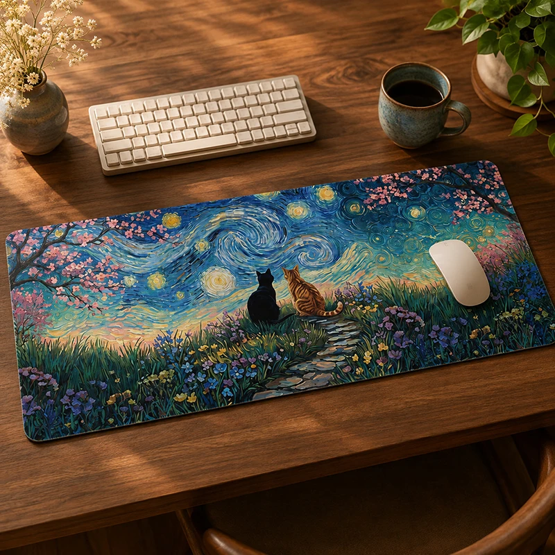 Mouse Pad Gamer Cats Starry Flower Meadow XL HD Mousepad XXL MousePads Office Natural Rubber Carpet Computer Desktop Mouse Pad