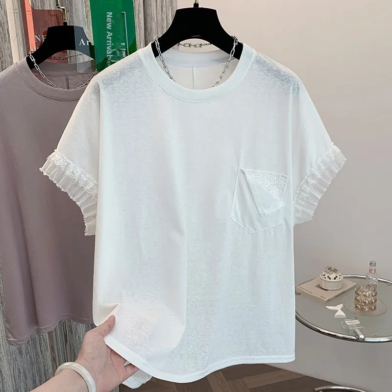 เสื้อยืดไซส์ใหญ่สำหรับฤดูร้อน ตกแต่งด้วยผ้าลูกไม้ ดีไซน์อเนกประสงค์ ผ้าคอตตอนผสม สวมใส่สบาย ทรงกลม สำหรับผู้หญิง